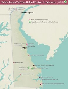 Topographic map of Delaware. Red pins mark public lands TNC has helped to protect. Numbers highlight TNC preserves. 