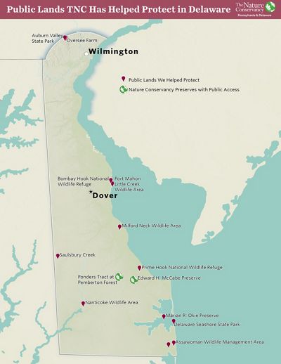 Topographic map of Delaware. Red pins mark public lands TNC has helped to protect. Numbers highlight TNC preserves. 
