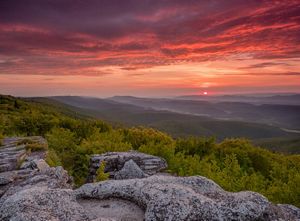 A sunsets creating a bright pink, red, and orange sky.