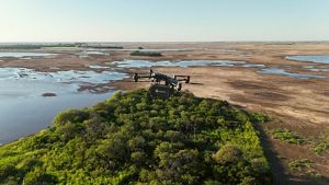 Dron sobrevolando arbustos y esparciendo semillas, con una planicie de tierra y agua al fondo.