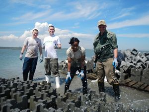 Four volunteers use large interlocking concrete pieces to build oyster castles. Salt spray is kicked up as the waves splash against the blocks.