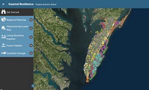 Screen capture from a coastal planning tool showing satellite view of the Chesapeake Bay, eastern Virginia and the Eastern Shore.