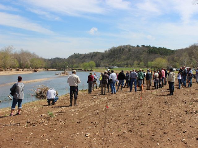 large group of people stand along the new streambank