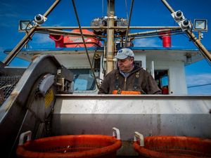 A fisherman on a New England commercial fishing vessel checks his nets as a fixed video camera records the work.
