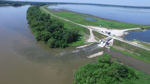 An aerial view of the water control structure at Emiquon.