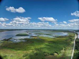 An aerial photo of the Emiquon Preserve showing green vegetation and a large body of water with islands beneath a blue sky with white clouds.
