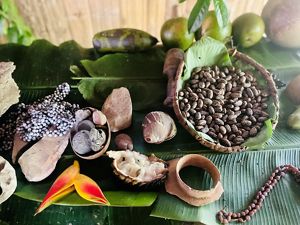 colorful spread laid out on a large leaf.