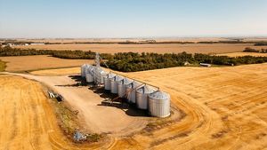 Agricultural buildings in a field.