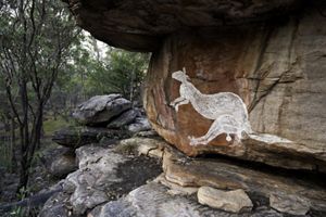 A large white Aboriginal painting of a kangaroo is seen on a rock wall in a forest.