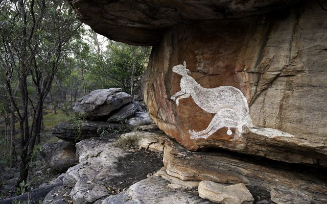 A large white Aboriginal painting of a kangaroo is seen on a rock wall in a forest.