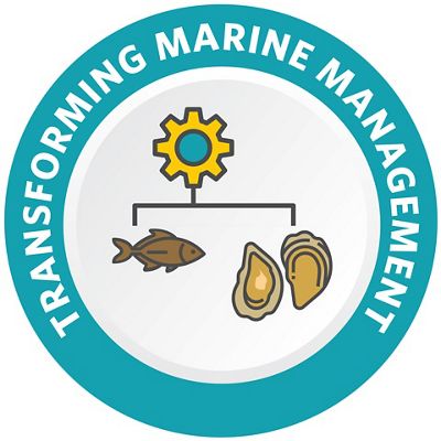 Icon for transforming marine management, showing graphics of a gear, a fish, and oysters.