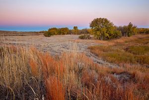 A sunset setting in the sky over a field of dry grasslands.