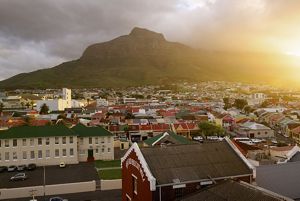 The mountain Devil’s Peak rises behind the suburb of Woodstock.