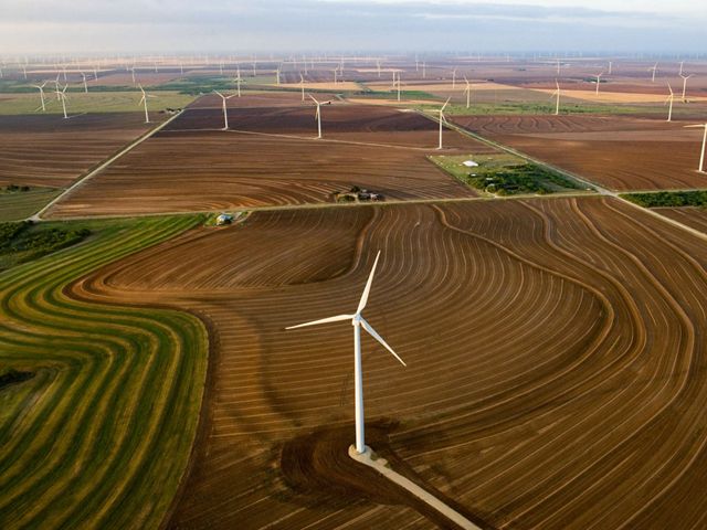 A wind farm on farmland in Texas.