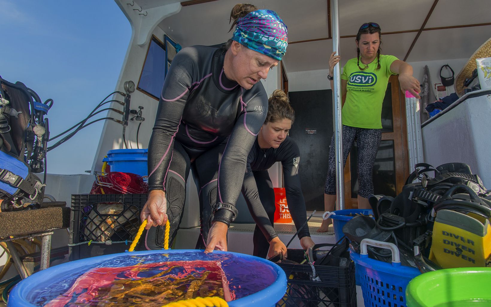 On the Way Stephanie Schopmeyer, a Florida research scientist, moves a bucket of coral fragments to the shade on the team’s boat as they travel from a coral nursery to a planting site. ©  Jennifer Adler