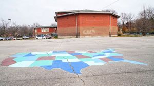 A large paved schoolyard with a map of the U.S. painted on it in front of a red-brick building.