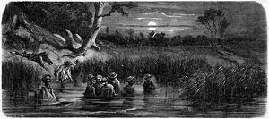 A historical print of a group of enslaved men fleeing from bondage as they wade through waist-deep water in a thick swamp under the light of a full moon.