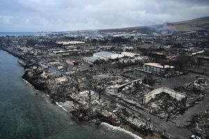 Aerial view of a town with all buildings burned down in a wildfire.