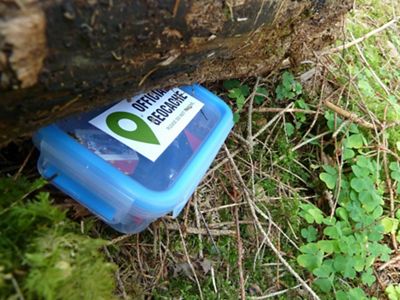 Geocache contained tucked under a fallen log.