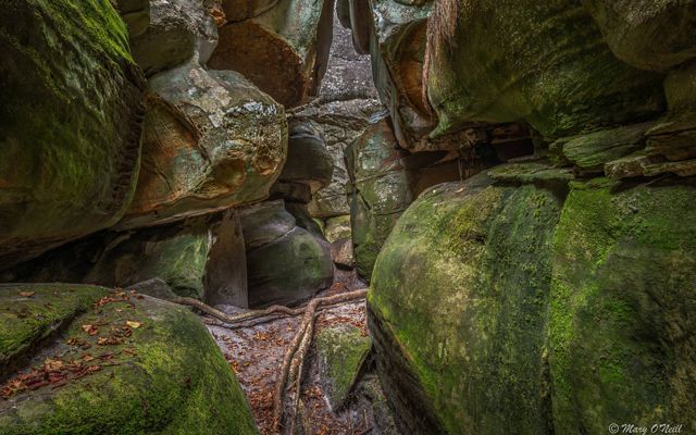 Large moss covered boulders press in close to each other creating narrow passages between them.