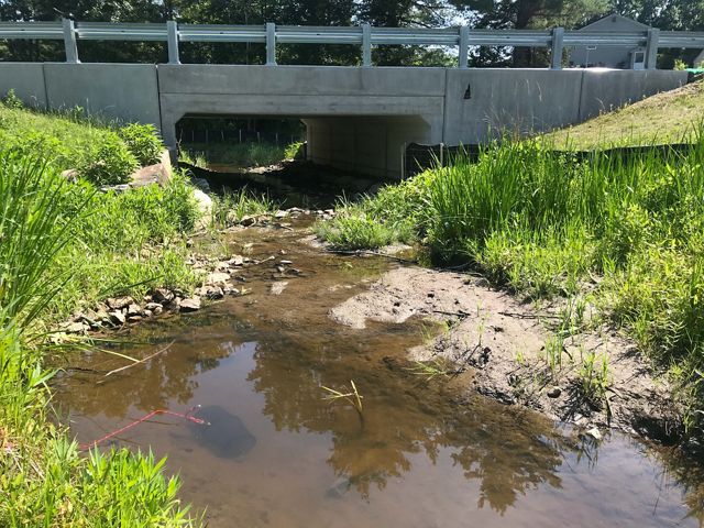 A tidal stream flows freely under a road crossing.