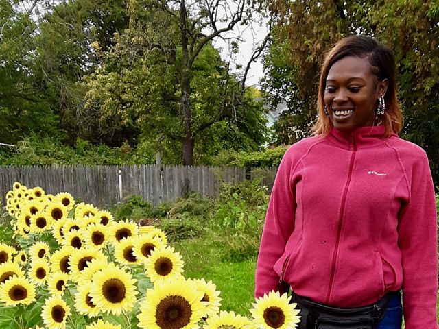 Tianna Jennings, Green Visions project manager, surveys the new sunflowers.