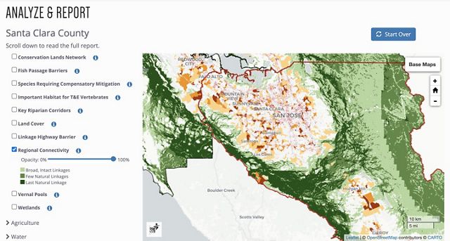 Screenshot showing a color-coded map with filters of Santa Clara County, California.