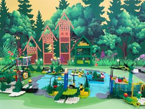Illustrated image including a pond, bee houses and garden beds built from Legos.