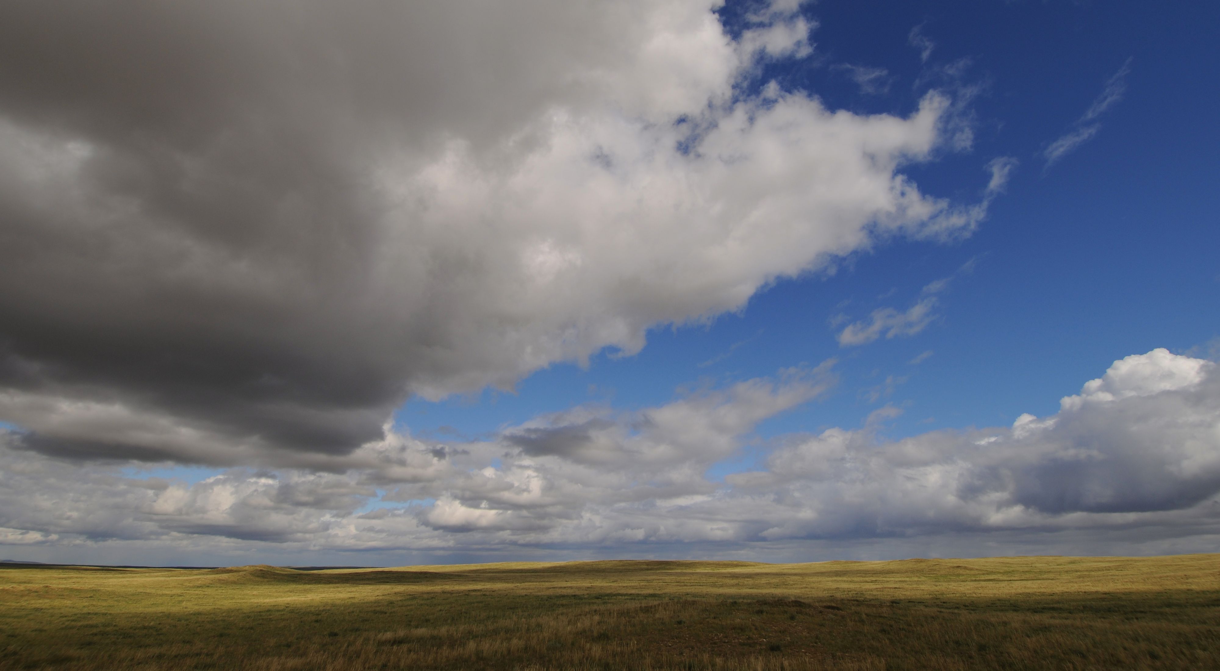 Storm clouds over a vast and empty grassland.