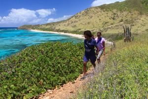 Kids hike along a trail on a hillside overlooking clear, turquoise waters.