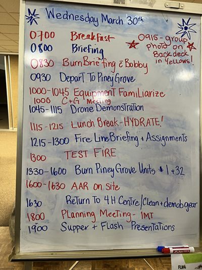 A white board showing the WTREX training schedule for Wednesday, March 30 2022 beginning with breakfast at 7:00 am and ending with dinner and presentations at 7:00 pm.