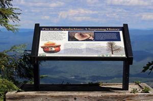 An interpretive sign on Warm Springs Mountain's Bear Loop Trail. The sign overlooks a mountain valley and describes the history of active fire suppression by forest services in the early 20th century.