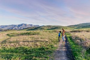 A family hiking. 