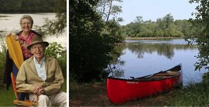 Two images in a collage. On the left, a portrait of two people taken on the edge of Nassawango Creek. On the right, a canoe sits on the shore next to the creek.