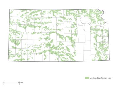 Map of Kansas with portions colored in green to identify low-impact wind potential.
