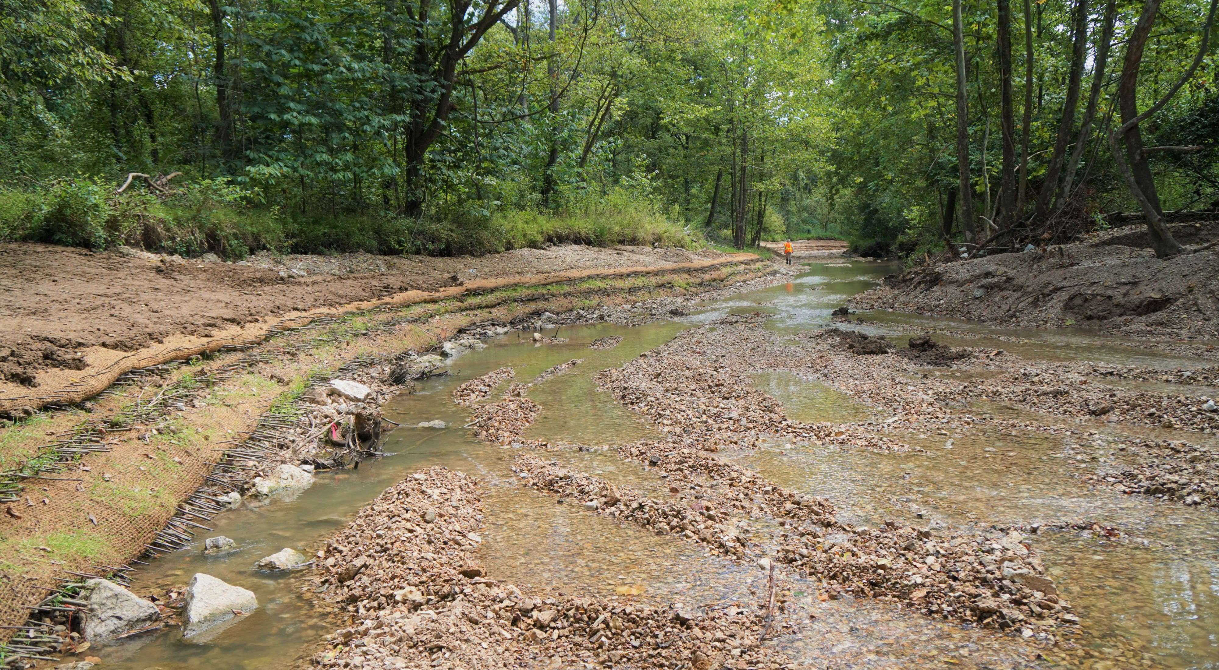 Newly constructed stream bank along Kiefer Creek in Castlewood State Park.