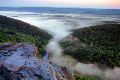 View from a rock outcropping of thick white mist rising up from the green forest in the valley below.