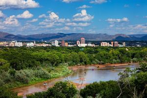 Aerial view from the Rio Grande in Albuquerque to the Sandia Mountains.