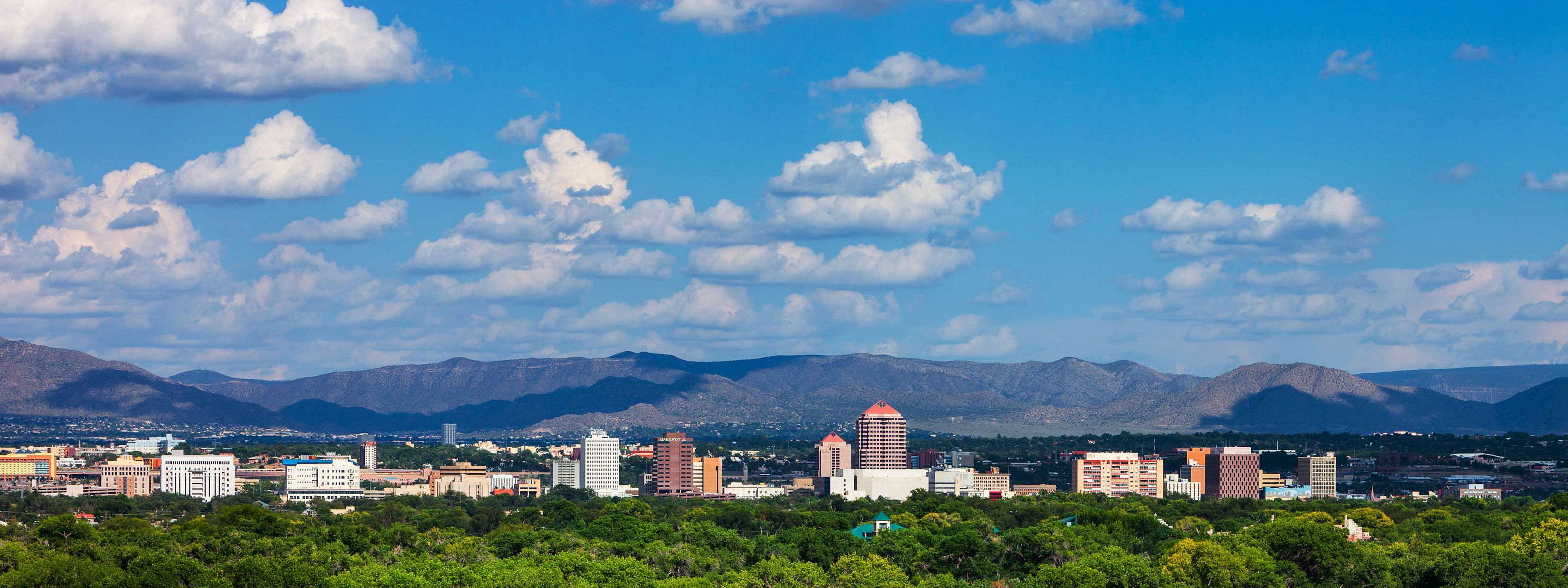 Aerial view from the Rio Grande in Albuquerque to the Sandia Mountains.