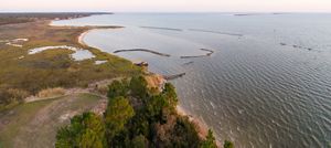 Water and land meet along a coastline.