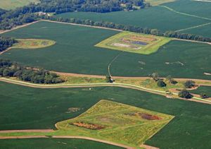 An aerial photo of the Franklin Farm's three constructed tile wetlands.