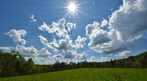 View of meadow and sunny sky.