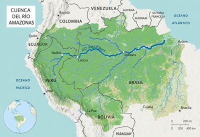illustracion de un mapa mostrando la extensión de la cuenca del río Amazonas.
