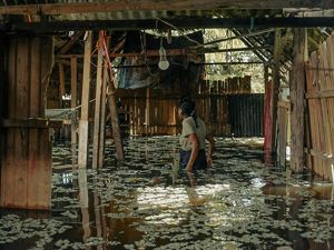 Luzmila Picota, de 68 años, permanece de pie con el agua hasta la cintura, que ha inundado su casa en el asentamiento humano intercultural de Nueva Era.