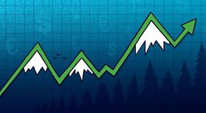 Ilustración de una línea verde irregular que recuerda a un gráfico bursátil. Los ángulos también forman una cresta montañosa con picos nevados. Al fondo se aprecia una cuadrícula de papel cuadriculado azul, el contorno de un bosque de coníferas y diversos símbolos monetarios, como el dólar y el euro.