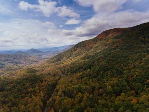 Aerial view of autumn color on forested mountain slopes.