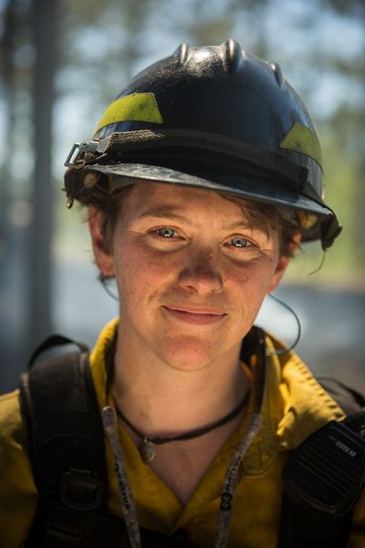 Head shot of TNC Oregon Burn Boss Katie Sauerbrey in firefighting gear during a prescribed burn