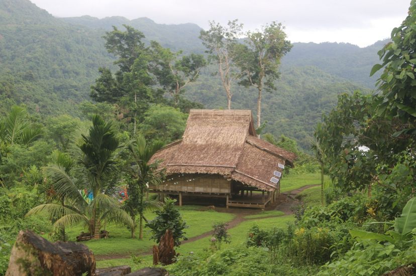 A typical house in a village in the Solomon Islands, with a roof made from Sago palm tree leaves and surrounded by lush forest and mountains.