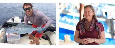 a photo of Mark Zimring smiling while on a boat holding a fish, next to a photo of Darian McBain standing outside and smiling during an interview