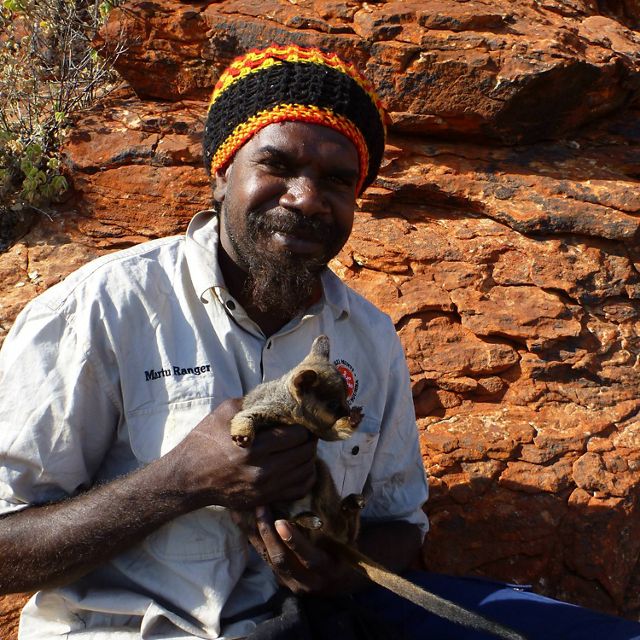 Martu ranger with young Black-flanked Rock-wallaby.